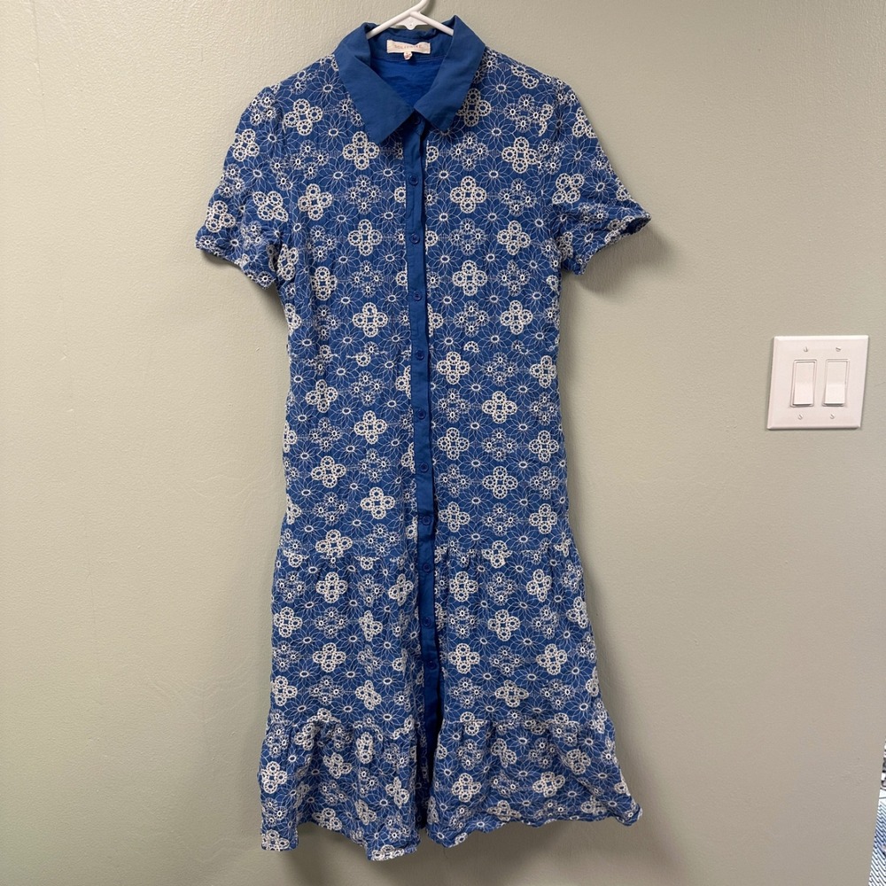 Solitaire Blue Floral Eyelet Tiered Button Down Shirt Dress Womens Large